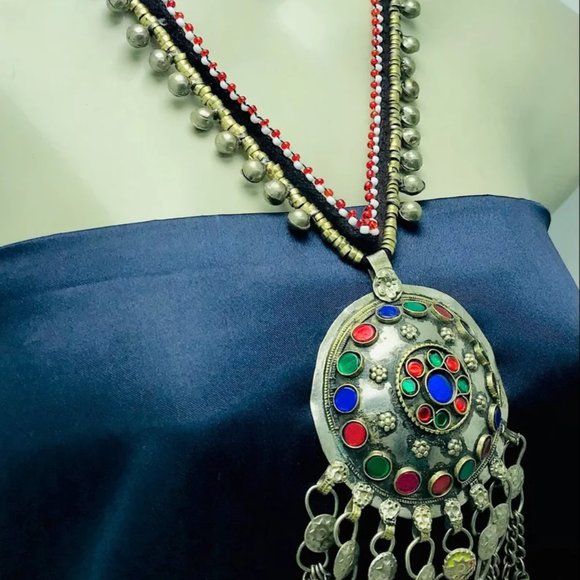 Tribal Afghani Pendant Necklace With Glass Stones and Bells - Picture 4 of 10